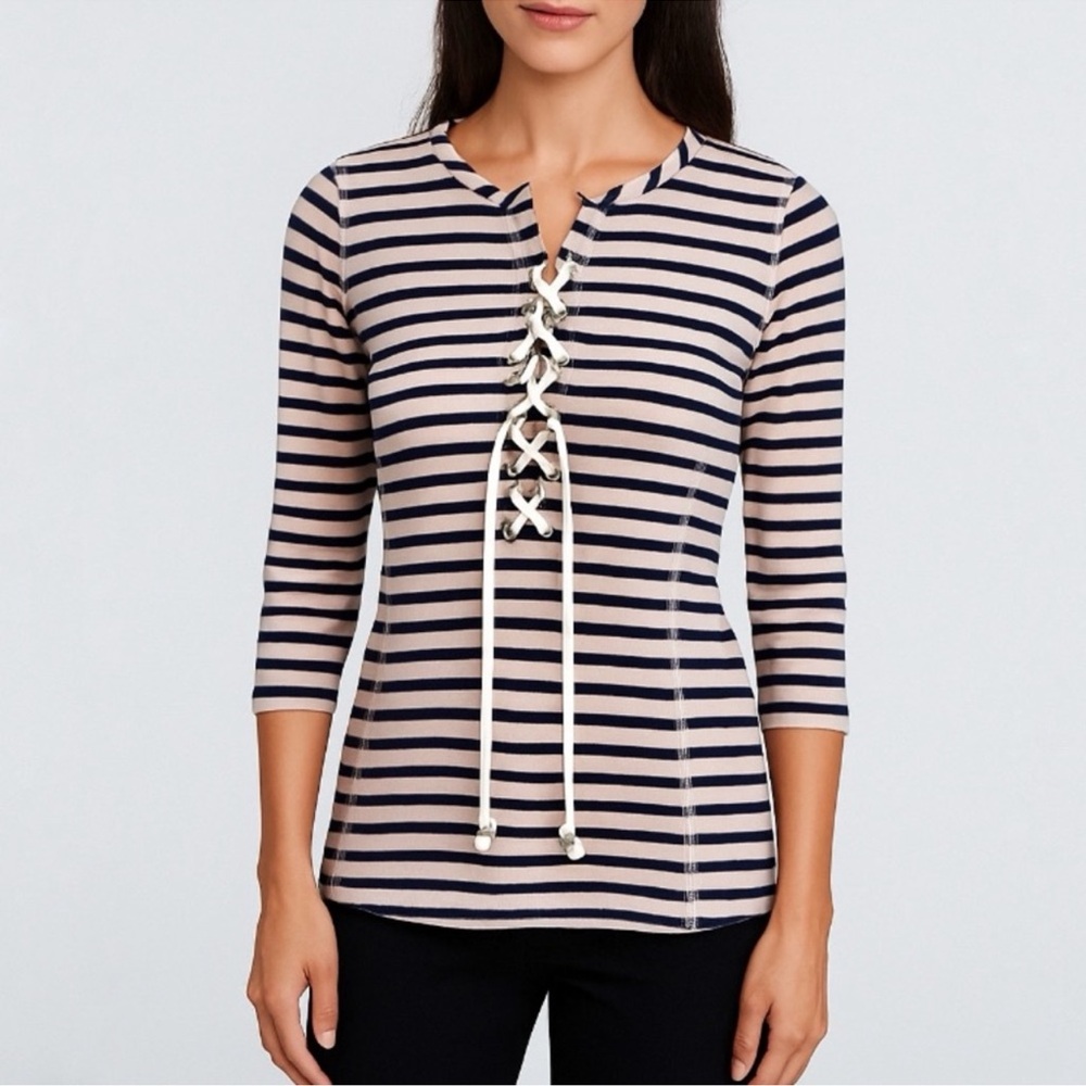 Smythe Striped Lace-Up Top in Navy and Beige